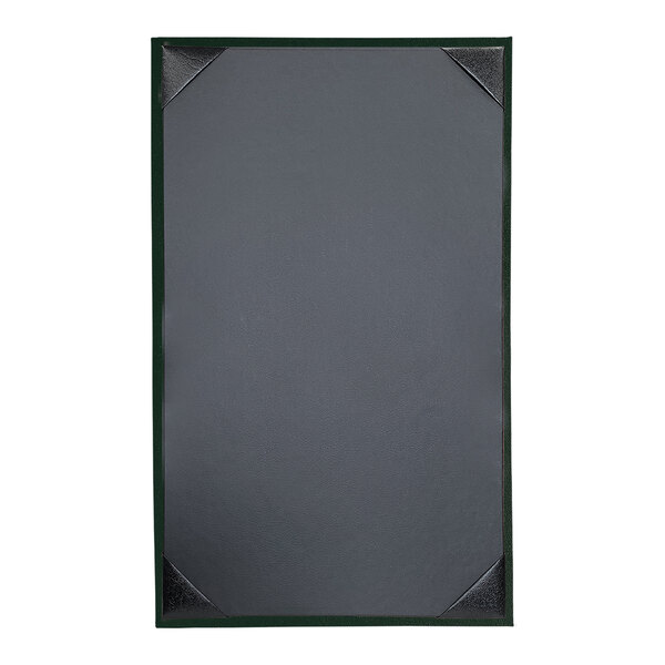 A white rectangular menu cover with a black border and green corners.