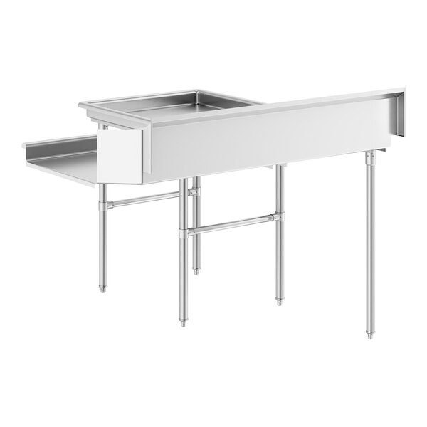 A stainless steel L-shaped table with a raised edge and four legs, designed for use in a commercial setting.