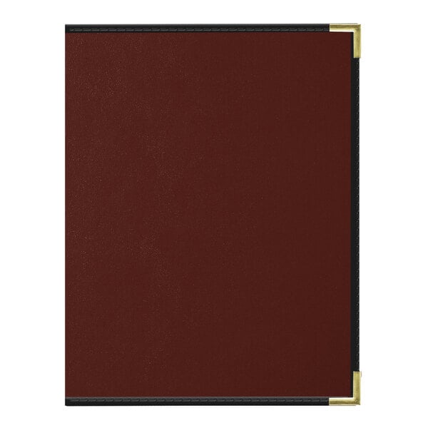 A red leather menu cover with gold corners.