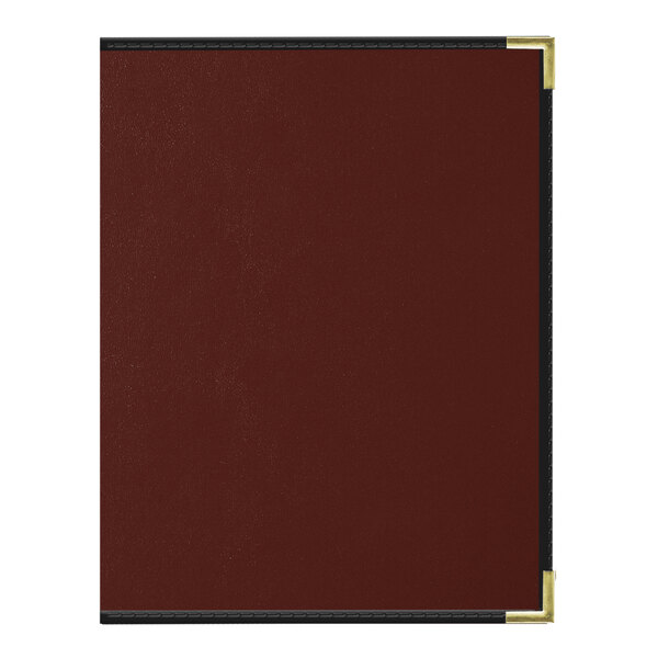 A red leather menu cover with gold corners.