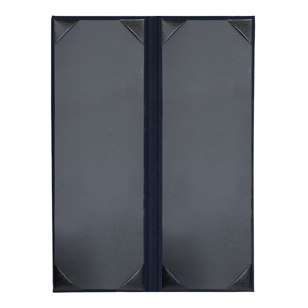 A black rectangular menu cover with black corners and blue panels.