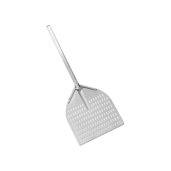 A silver metal pizza peel with a long handle.