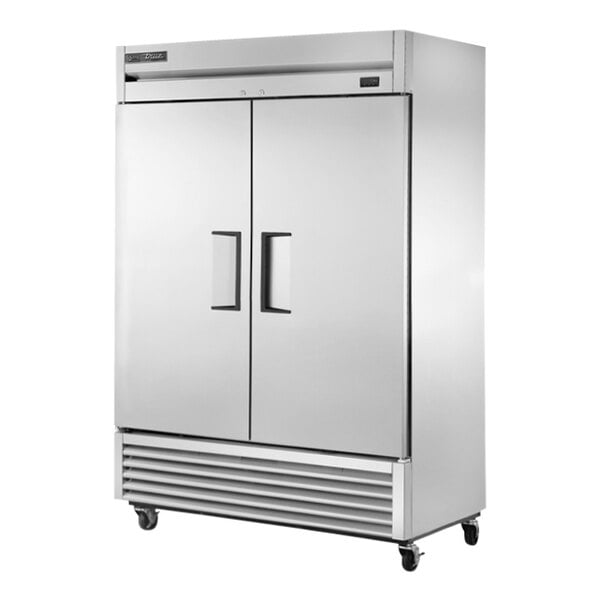 A stainless steel True refrigerator with two doors.