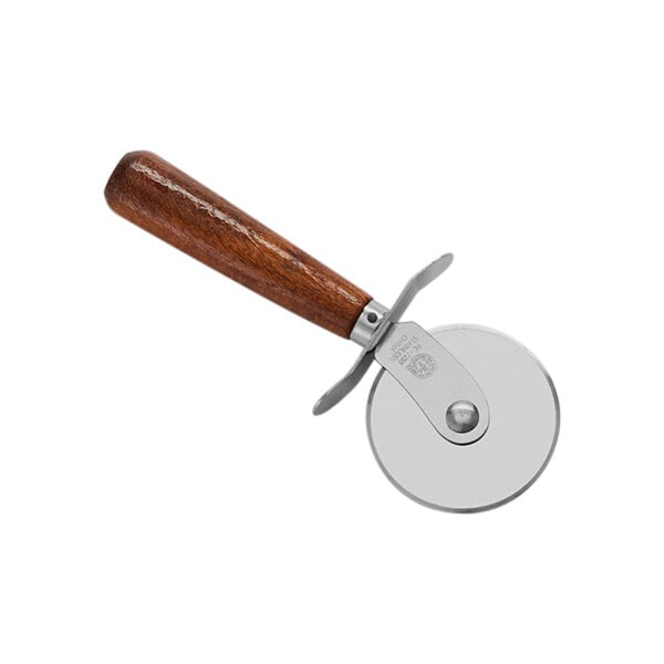 An American Metalcraft stainless steel pizza cutter with a wood handle.