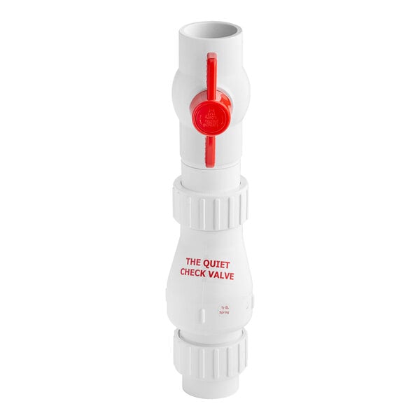 A white PVC Zoeller check valve with a red quarter turn ball valve.