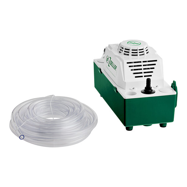 A green and white Zoeller M519 condensate pump with clear tubing.