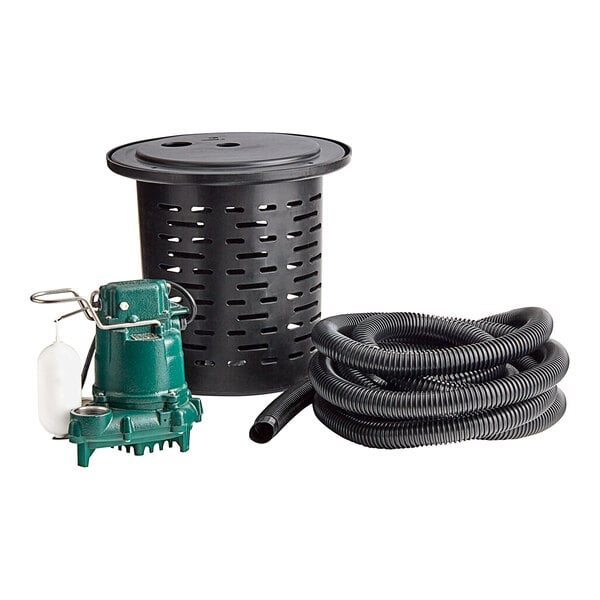 A black Zoeller crawl space sump pump with a green Zoeller pump and hose.