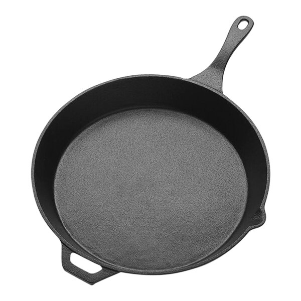 An American Metalcraft black round cast iron skillet with a helper handle.
