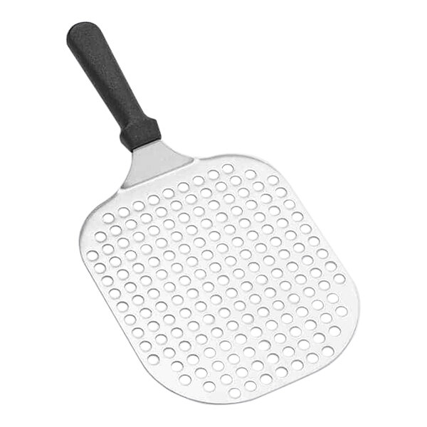 An American Metalcraft stainless steel mini pizza peel with a black handle and perforated metal blade.