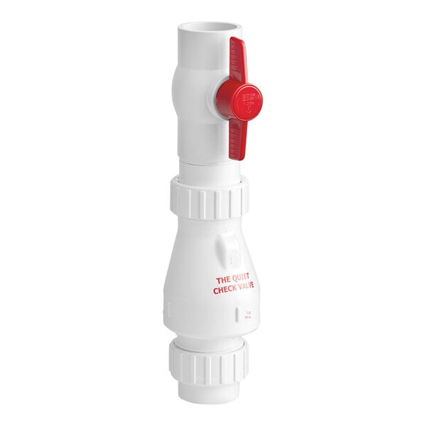 A white PVC valve with a red quarter turn ball valve handle.