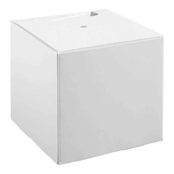 A white, cube-shaped candy apple box with a small window on the top.