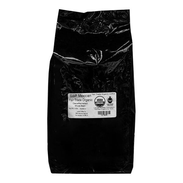 A black bag of Lacas Coffee with a white label.