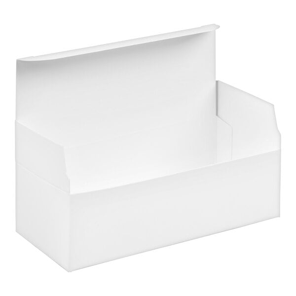 A white, rectangular auto-popup candy box with an open lid.