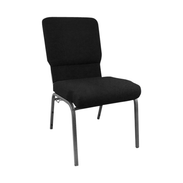 A Flash Furniture black church chair with metal legs.