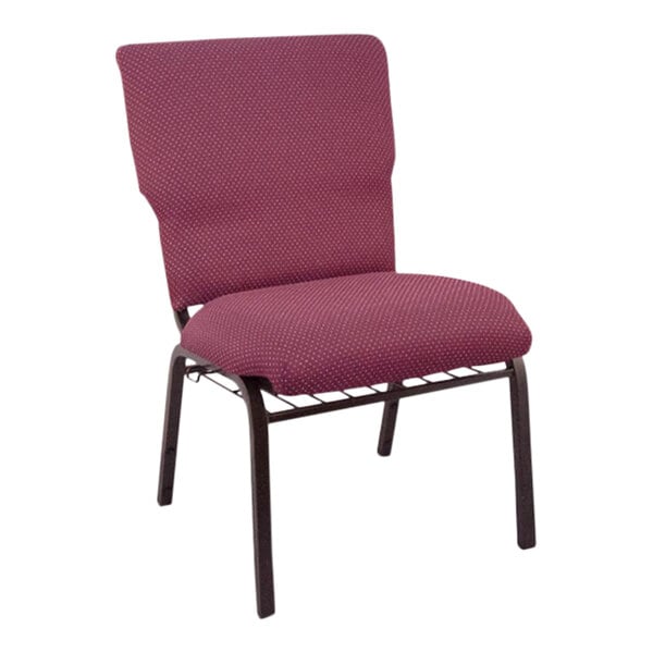 A burgundy Flash Furniture church chair with a brown metal frame.
