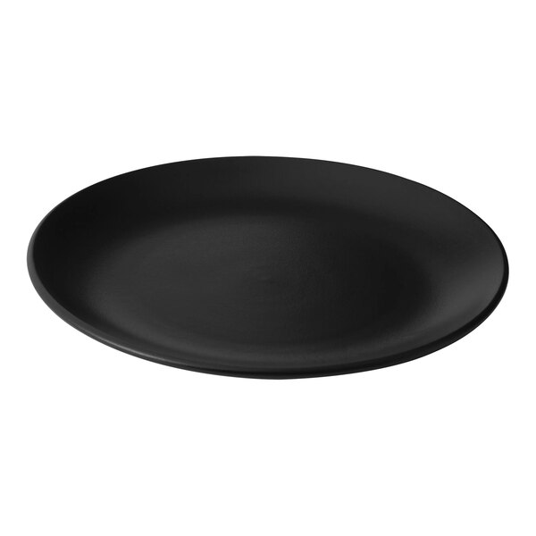A black Bon Chef Tavola porcelain dinner plate with a white background.