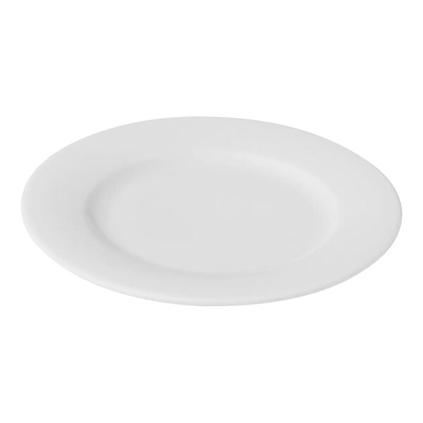 A close-up of a Bon Chef Mezzo bright white porcelain plate with a wide rim.