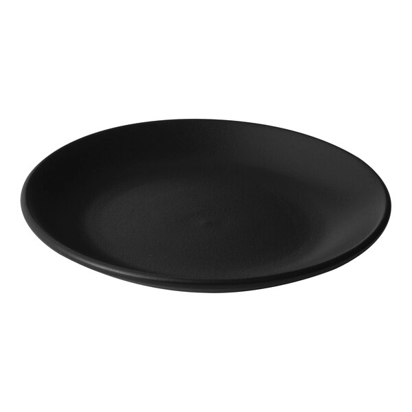 A black Bon Chef Tavola porcelain bread and butter plate with a round surface.