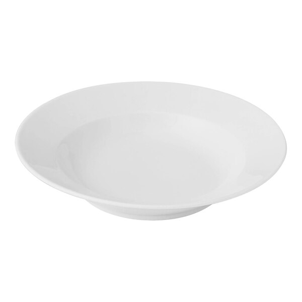 A close up of a Bon Chef bright white porcelain plate with a wide rim.