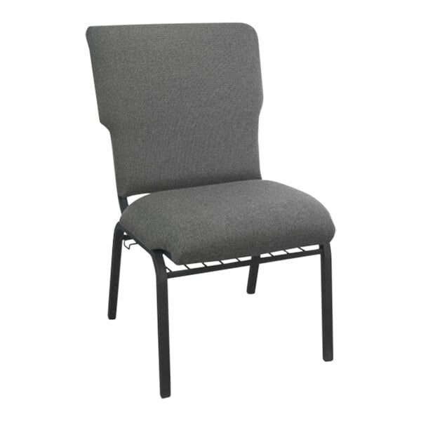 A Flash Furniture grey church chair with black metal legs.