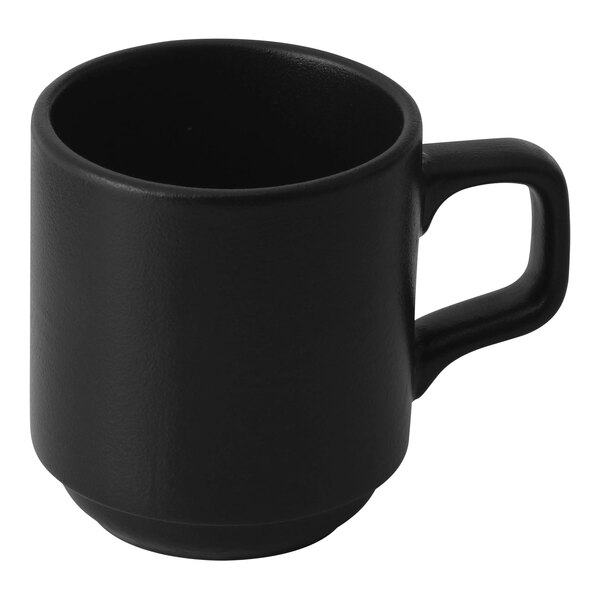 A black Bon Chef porcelain mug with a handle.