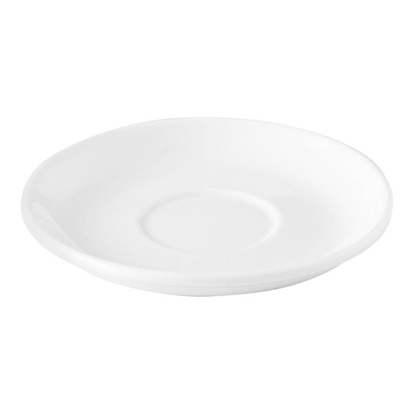 A Bon Chef bright white porcelain saucer with a small rim on a white background.