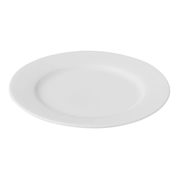 A Bon Chef bright white porcelain plate with a wide rim on a white background.
