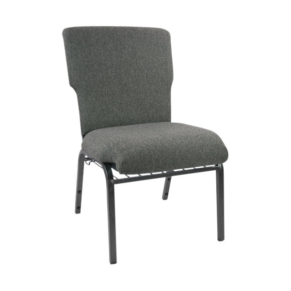 A Flash Furniture Advantage charcoal church chair with black metal legs and a grey fabric seat.