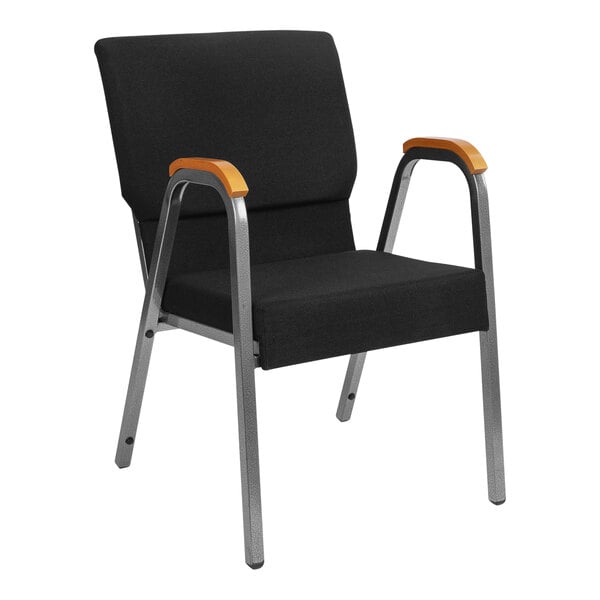 A black and silver chair with wooden arms.