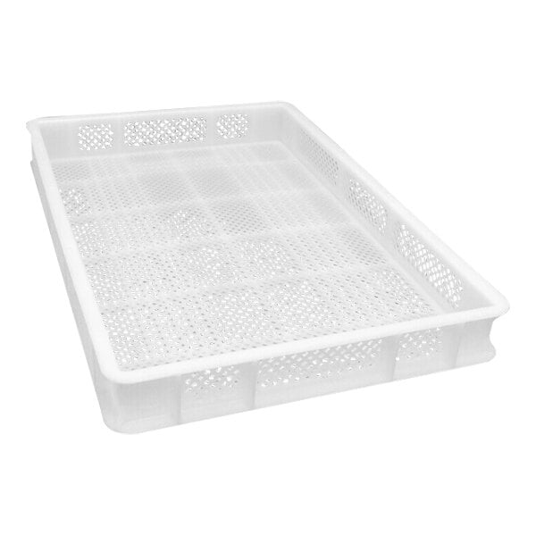 A white plastic perforated pasta tray.