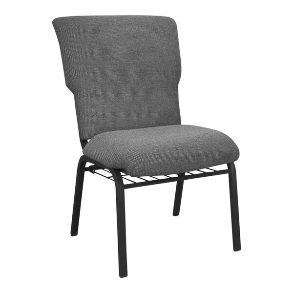 A gray Flash Furniture church chair with black metal legs.