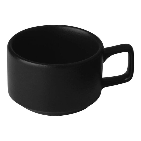 A black porcelain espresso cup with a handle.