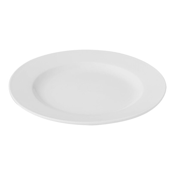 A Bon Chef bright white porcelain plate with a wide rim on a white background.