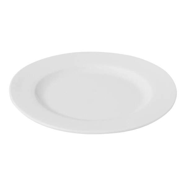 A close up of a white Bon Chef Mezzo porcelain plate with a wide rim.