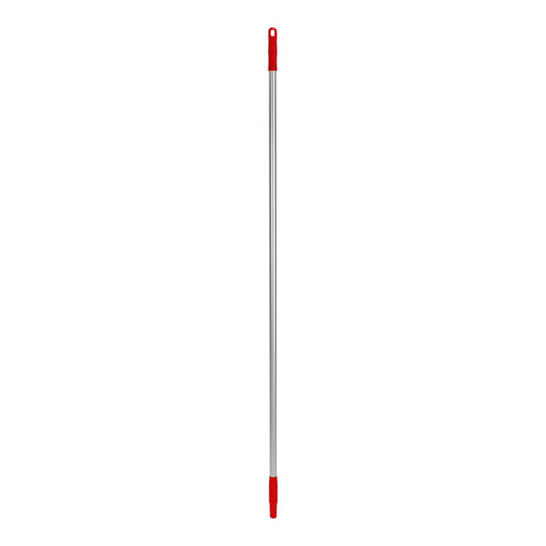 A long metal pole with a red handle.