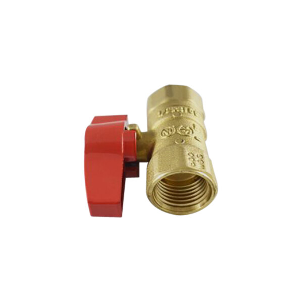 A HeatStar gas shut-off valve with a red handle on a brass valve.