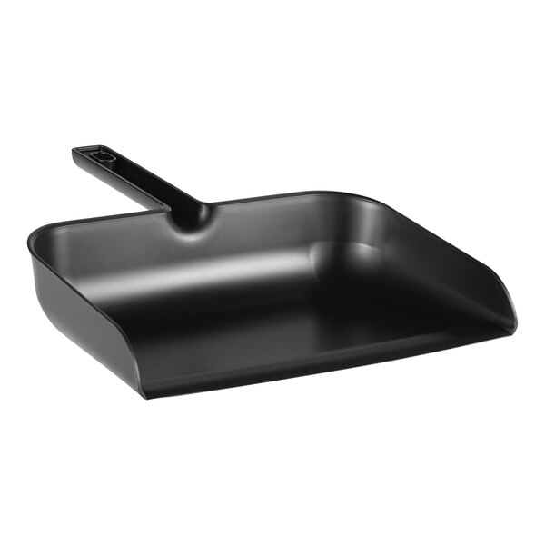A black plastic Remco dustpan with a handle.