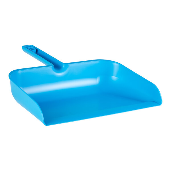 A blue plastic Remco dustpan with a handle.