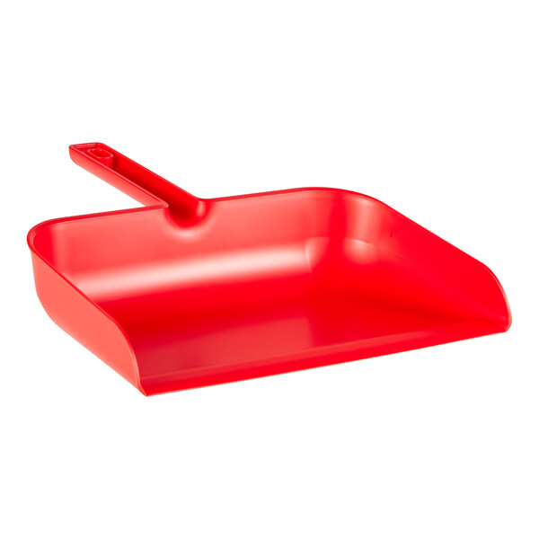 A red plastic Remco dustpan with a long handle.