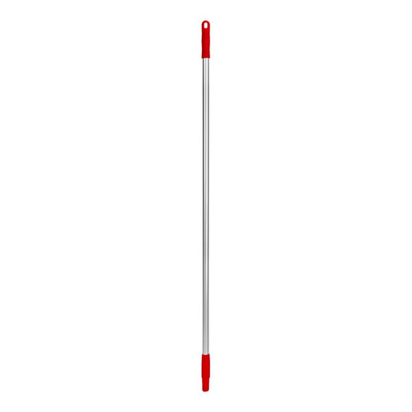 A Remco red and silver aluminum handle for a floor squeegee.