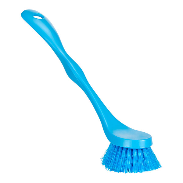 A close up of a Remco blue dish brush with a handle.