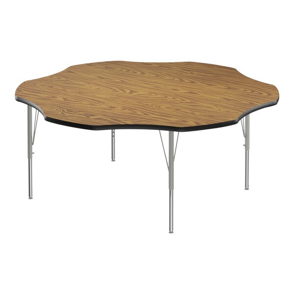 Correll Deluxe 60″ Flower Medium Oak 19″-29″ Adjustable Height High-Pressure Laminate Top Activity Table with Silver Legs and Black T-Mold