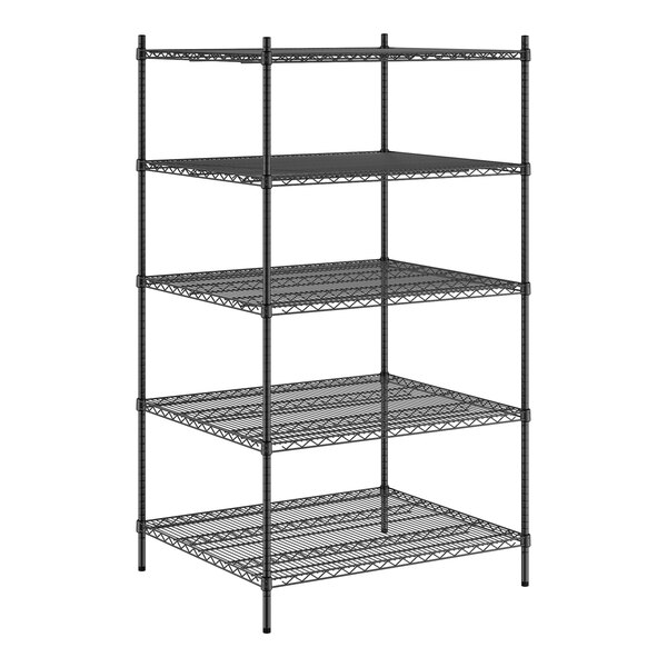A Regency black wire shelving unit with five shelves.