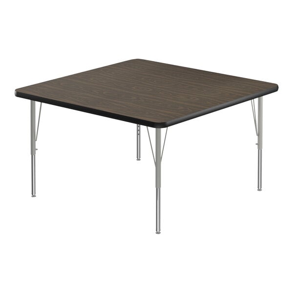 Correll Deluxe 42″ Square Walnut 19″-29″ Adjustable Height High-Pressure Laminate Top Activity Table with Silver Legs and Black T-Mold