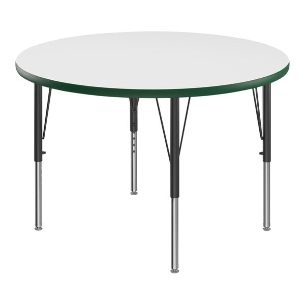 Correll 36″ Round White 19″-29″ Adjustable Height High-Pressure Dry Erase Board Top Activity Table with Black Legs and Green T-Mold