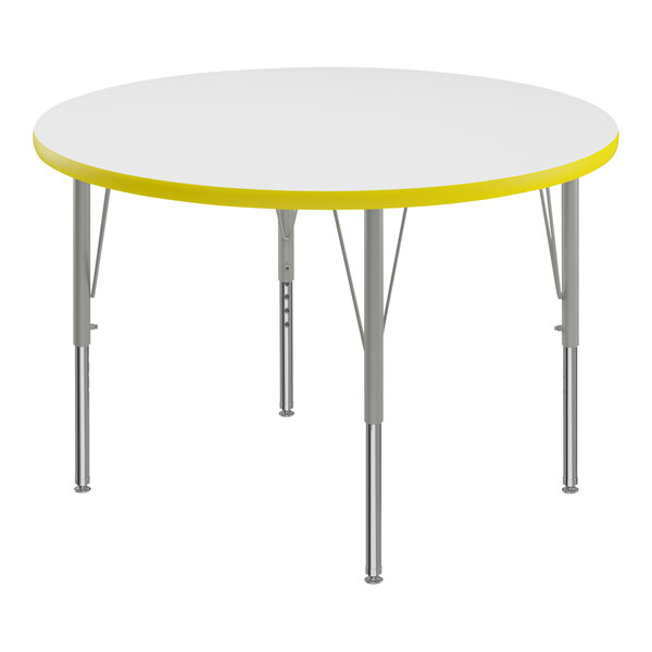 Correll 36″ Round White 19″-29″ Adjustable Height High-Pressure Dry Erase Board Top Activity Table with Silver Legs and Yellow T-Mold