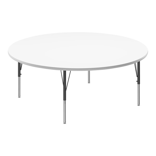 Correll 60″ Round White 19″-29″ Adjustable Height High-Pressure Dry Erase Board Top Activity Table with Black Legs and Gray T-Mold