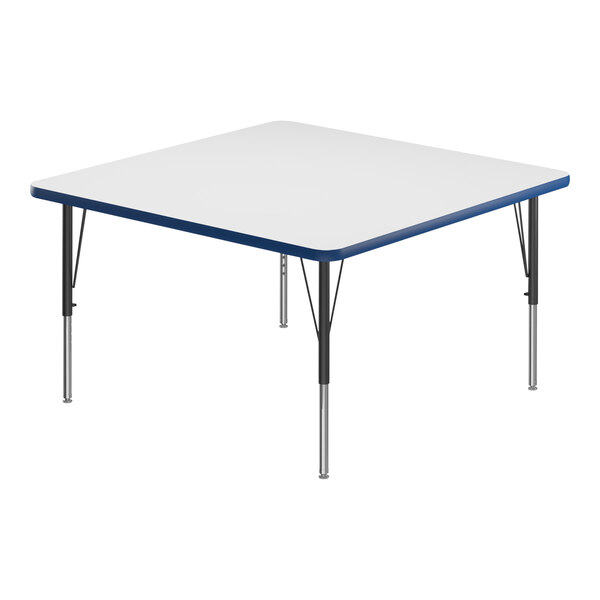 Correll 42″ Square White 19″-29″ Adjustable Height High-Pressure Dry Erase Board Top Activity Table with Black Legs and Blue T-Mold
