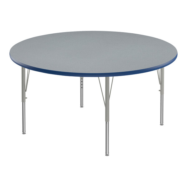 Correll 60″ Round Gray Granite 19″-29″ Adjustable Height Thermal-Fused Laminate Top Activity Table with Silver Legs and Blue T-Mold