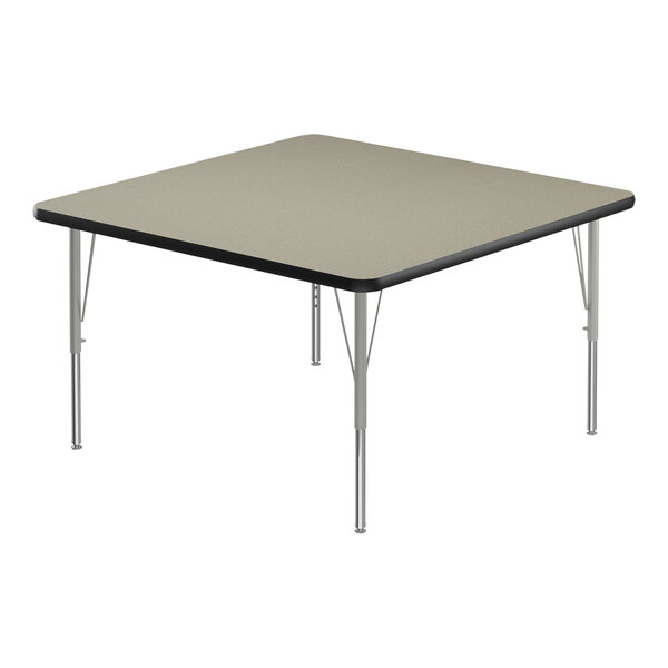 A square Correll activity table with silver legs and black edging.